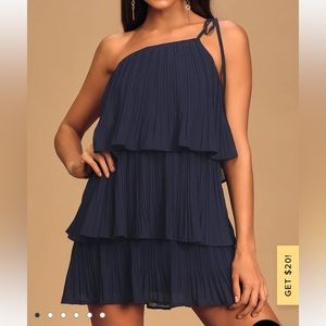 Lulus pleated one shoulder mini dress tiered navy blue